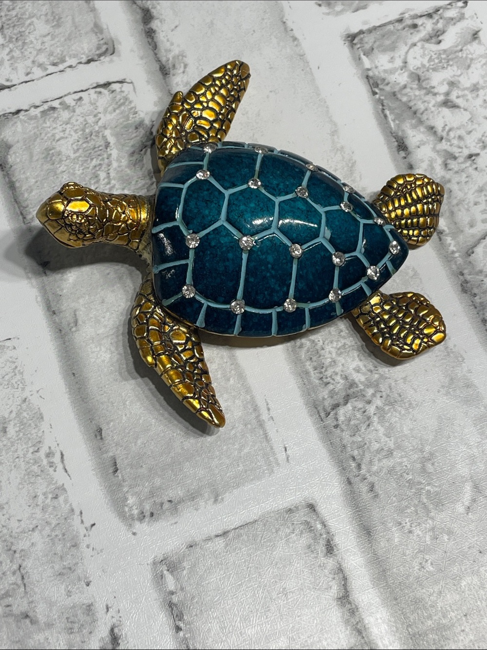Sea Turtle Teal rhinestones Paperweight figurine coastal decor polystone 5”